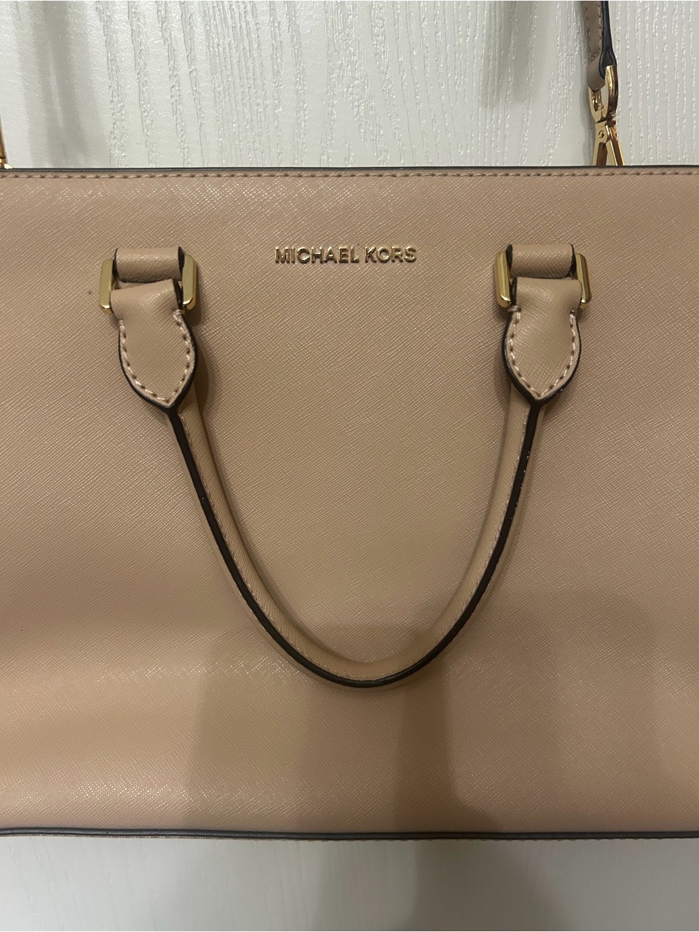 Michael Kors Light Beige Saffiano Leather Satchel & matching wallet.